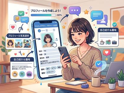 笑顔の女性がスマホでマッチングアプリのプロフィールを作成。