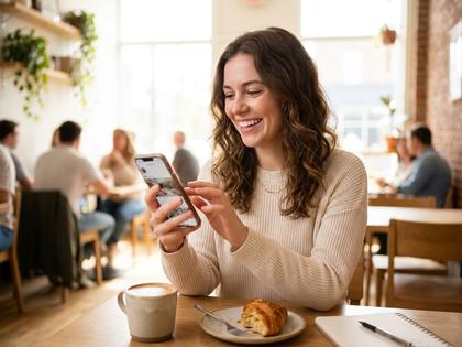 スマートフォンを手にカフェで微笑む20代後半の女性、明るい雰囲気