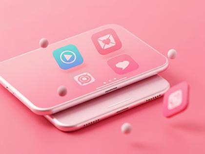 3つのアプリアイコンが浮かぶスマホ画面のイメージ、ピンク基調