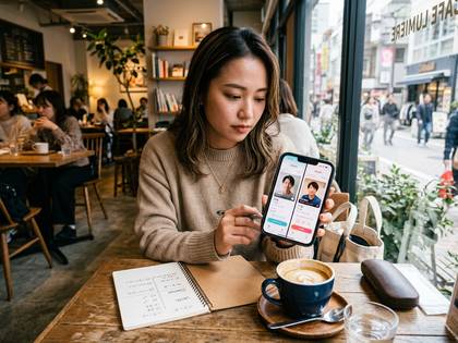 カフェでマッチングアプリのプロフィールを選ぶ女性。