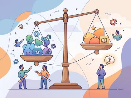 天秤で仕事と価値を比較し、人々が検討するイラスト。