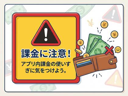 **アプリ内課金に注意。お金が減る財布の警告図。** (28文字)