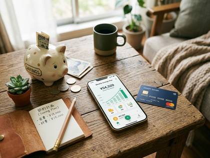 木製テーブルに貯金箱、スマホ、ノート、カードが並び、家計管理や貯蓄を示す画像。
