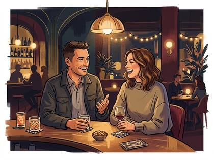 夜のバーで笑顔で談笑するカップルのイラスト。