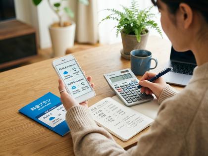 電卓とスマホで料金プランを比較する女性の手元