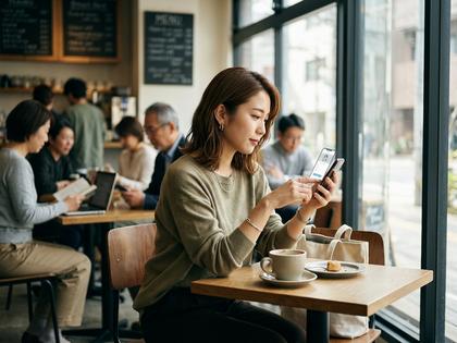 カフェでスマホを操作しながら相手のプロフィールを眺める20代女性