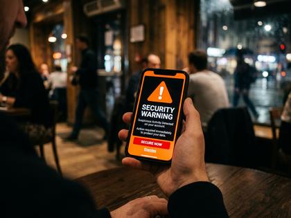 スマホ画面に注意マークが表示されているセキュリティイメージ