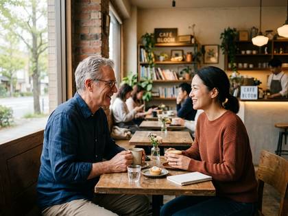 喫茶店で向かい合って笑顔で談笑する男女。