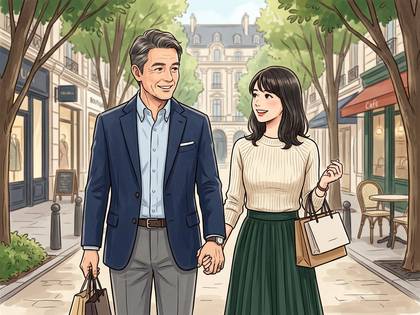 手をつなぎ、笑顔で街を散策するカップル。女性は買い物袋。