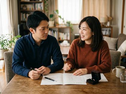机に向かい、指輪の箱とノートを前に話し合う日本人カップル。