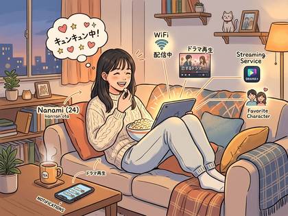 ソファでポップコーンを食べつつタブレットでドラマを視聴する女性。WiFiや通知のアイコン。