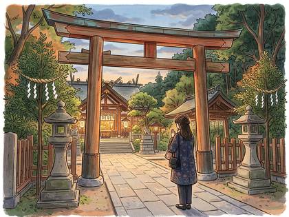 夕暮れの日本の神社。鳥居と参道、奥に見える社殿と立つ女性。