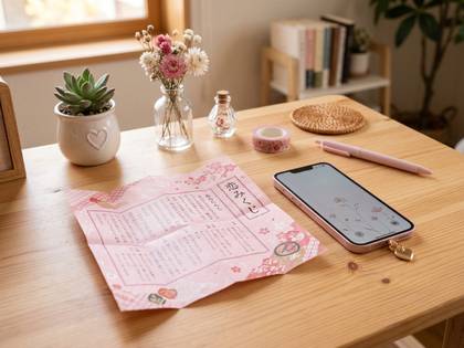 木製テーブルに、多肉植物、花、恋みくじ、ピンクのスマートフォンなどの小物。
