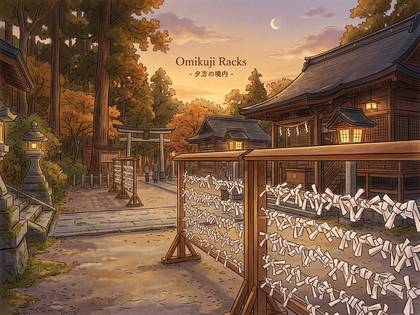 夕焼けと三日月、おみくじ掛けが並ぶ神社の境内。