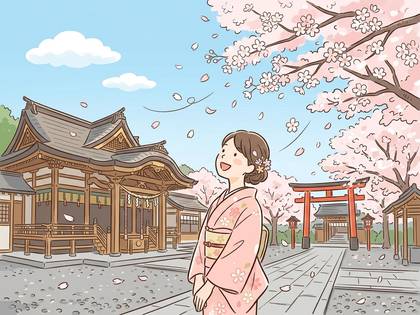 着物姿の女性と桜、鳥居がある春の神社風景イラスト。(30文字)