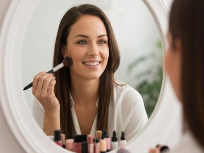 鏡の前でメイクをしながら笑顔の女性