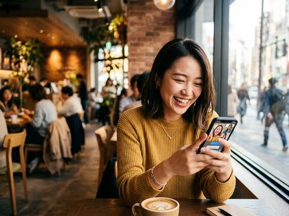 スマートフォンを見て微笑む若い女性