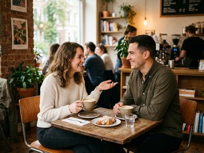 カフェで楽しそうに会話するカップル