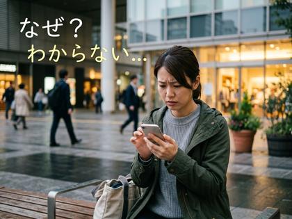 スマホを見て困った表情の女性
