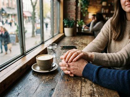 窓際のカフェで手を取り合う男女。テーブルにはコーヒーが置かれ、窓の外には街の風景が見える。