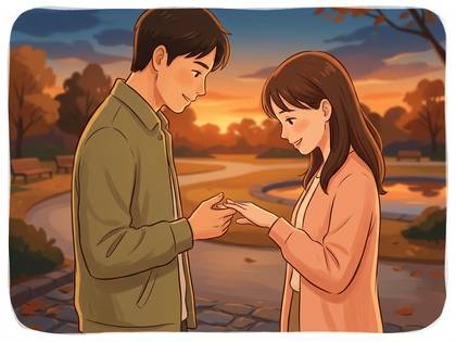 夕焼けの公園で男性が女性に指輪をはめる笑顔のカップル。