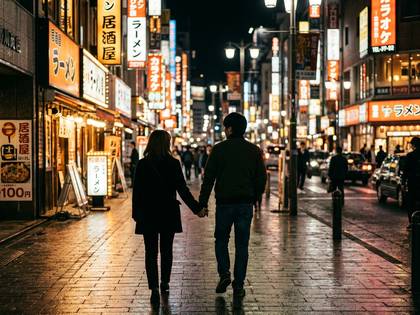 ネオン輝く夜の街を手をつないで歩くカップル。