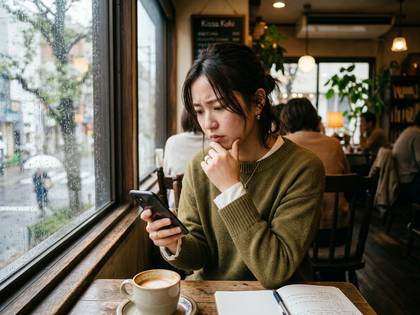 雨の窓際カフェでスマホを見つめ、考え込む女性。