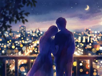 寄り添うカップルが煌めく夜景を眺めるイラスト。三日月と星が輝くロマンチックな夜空。