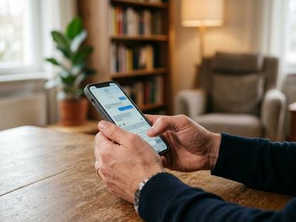 屋内で男性がスマホのメッセージ画面を操作している手元。