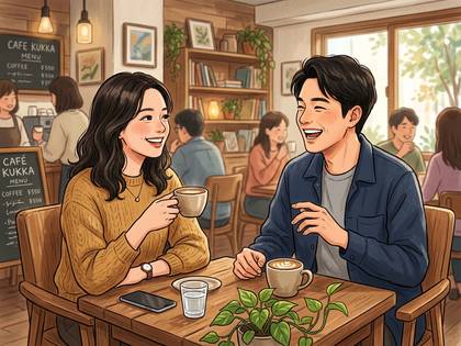 カフェでカップルが笑顔でコーヒーを飲みながら談笑するイラスト。