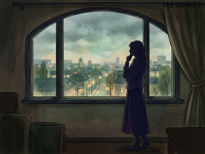 雨の窓から街並みを眺め物思いにふける女性のイラスト。