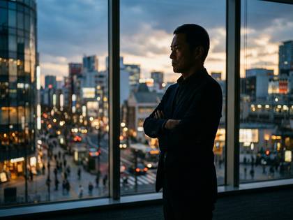 窓越しに夕暮れの街を眺める、腕組みをした男性。