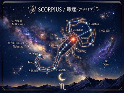 蠍座の星座と天の川が広がる美しい夜空の風景。
