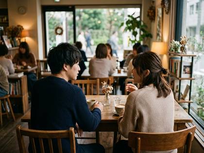 カフェで向かい合って座り、会話を楽しむ男女の様子。