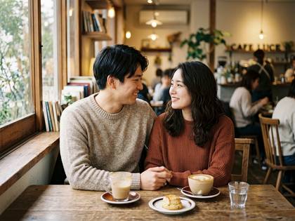 カフェの窓際で笑顔を交わし、談笑する若い男女。