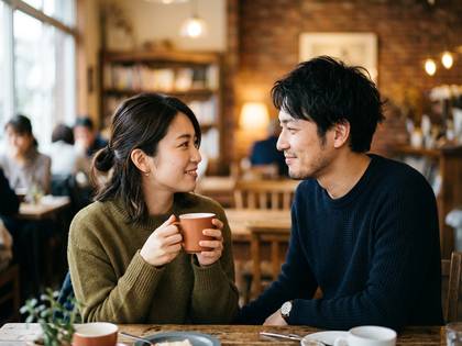 カフェで笑顔で談笑する男女。女性はカップを持っている。