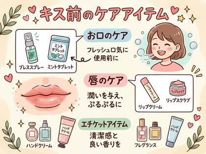 「キス前のケアアイテム」のイラスト。口元・唇のケア、エチケット品を紹介。