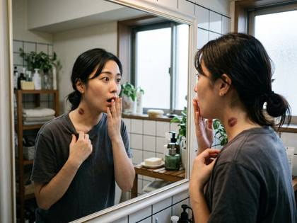 鏡で首にキスマークを見つけ驚く女性。