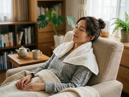 ソファでくつろぐアジア人女性。肩にタオル、膝にブランケットでリラックス。