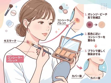 コンシーラーで首のキスマークを隠す女性のイラスト。
