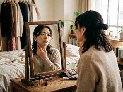 鏡に映る自分を見つめ、首元に触れる女性。