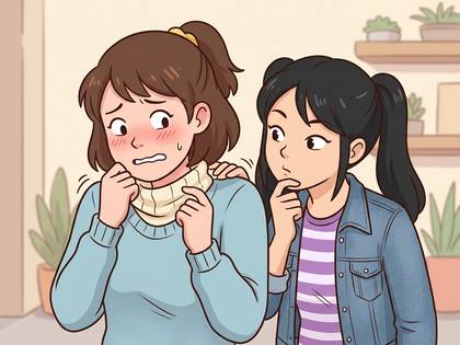 不安げな表情で首元を隠す女性と、考える友人のイラスト。