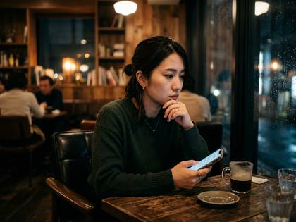 カフェでスマホを見つめ、物思いにふける女性。