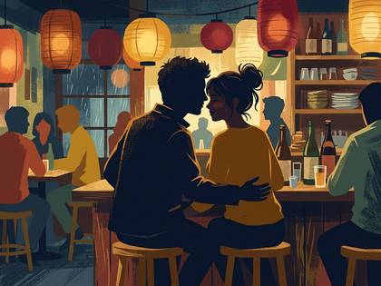 雨降る夜、提灯が灯る居酒屋で寄り添うカップルのシルエット。
