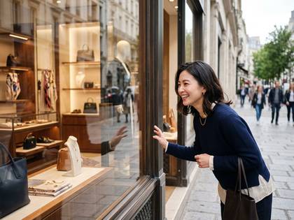 街中で笑顔の女性がショーウィンドウの商品を楽しく眺めている。