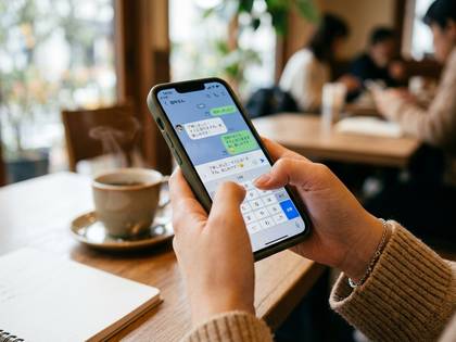 カフェでスマートフォンを操作しチャットする手元とコーヒーカップ。