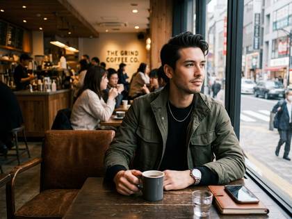 カフェの窓際でコーヒーを飲みながら街を眺める男性。