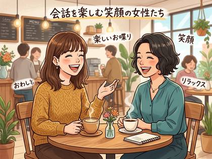 カフェで笑顔で会話を楽しむ女性たちのイラスト。
