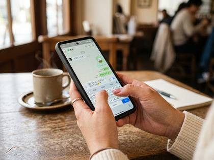 カフェでスマホを打つ手と湯気の立つコーヒーカップ。