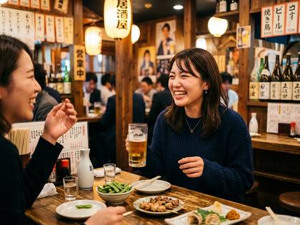居酒屋でビールを片手に笑顔で談笑する2人の女性。